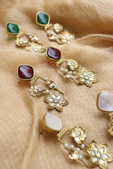 Dull Gold Kundan Flower Earrings