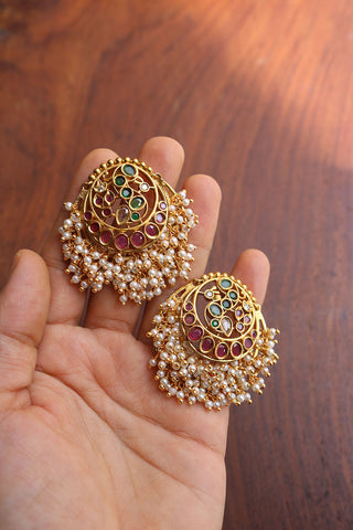 Ruby Green Cluster Pearl Chaand Earrings