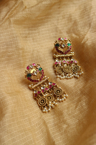 Peacock Kundan Antique Chandelier Earrings