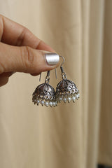 Oxidised Pearl Tomb Small Hook Jhumkas