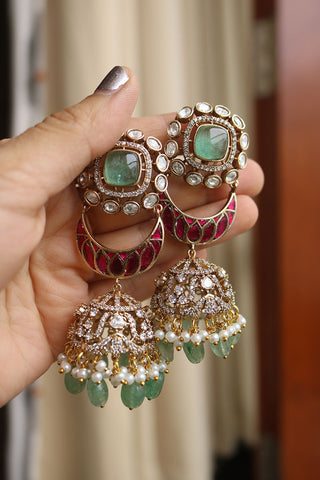 Green Jadau Chaand Jhumkas