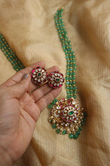 Jadau Flower Green Beads Pendant Set