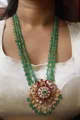 Jadau Flower Green Beads Pendant Set