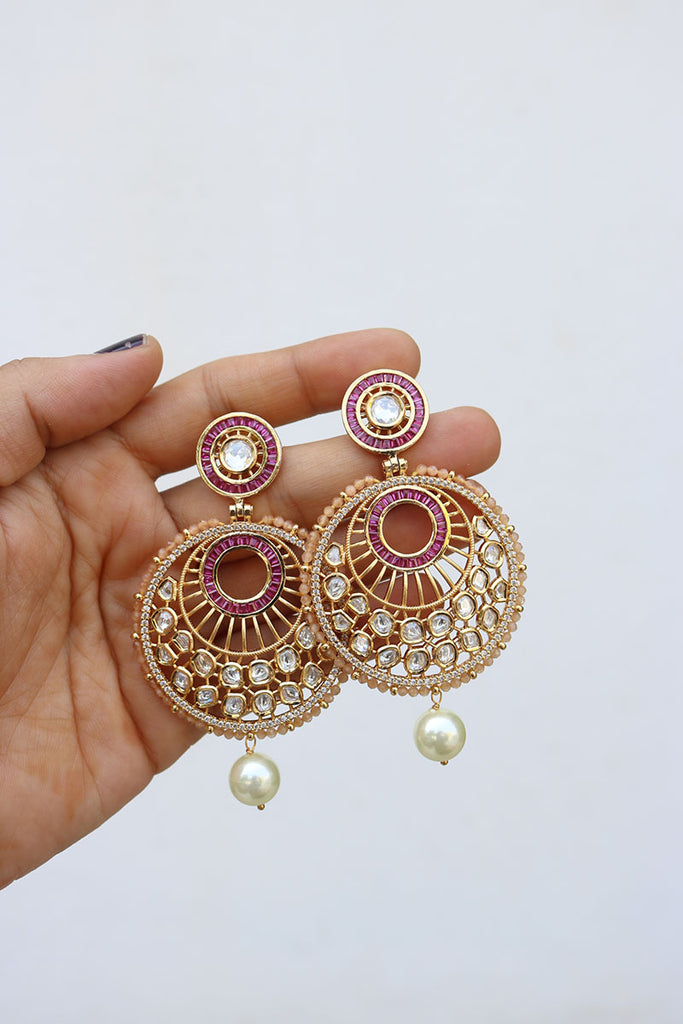 Crunchy Fashion Gold Plated Grey Round Kundan Jhumka Earring RAE0804