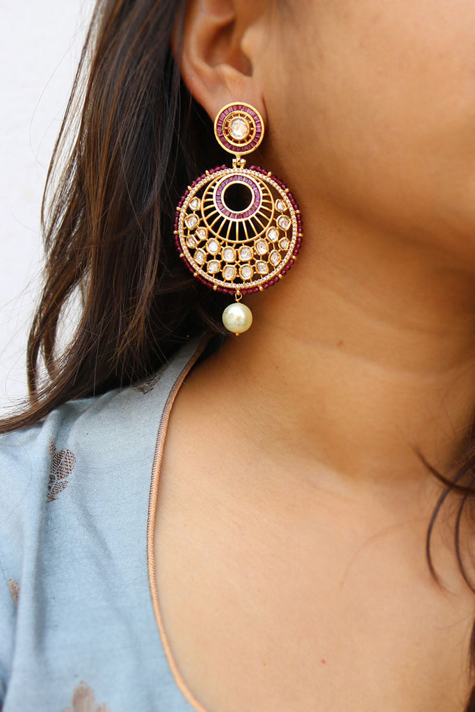 Gold Plated Flower Shape Kundan Stone and Pearl Stud Earrings - Bevy Pearls