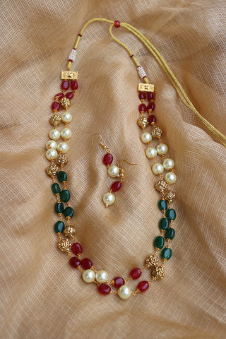 Ruby Green Pearl Two layer Nakshi Maala